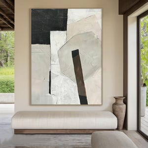 Large white abstract oil painting decorative painting, beige simple wall painting, black abstract art, modern living room wall decoration
