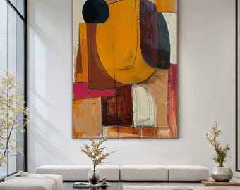 Large Abstract Textured Canvas Painting, Mustard Yellow Black Terracotta, Geometric Wall Art, Palette Knife, Living Room Decor