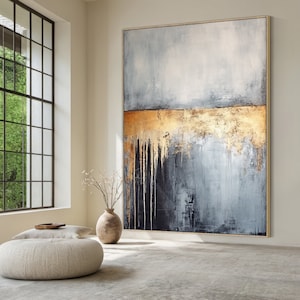 Off-white canvas abstract painting, grey wabi-sabi wall art, large black wall art, gold textured hand painting, home wall decoration