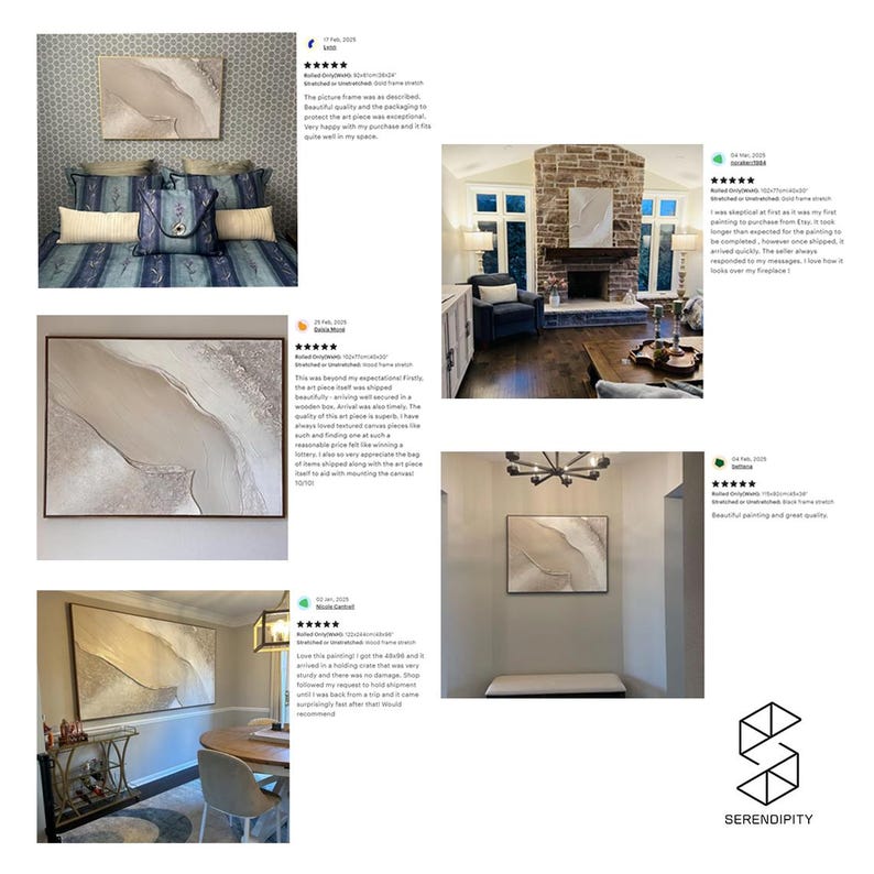 May include: A collection of customer reviews for a beige and white abstract painting with a textured surface. The painting is displayed in various home settings, including a living room, a dining room, and a hallway. The reviews highlight the quality of the artwork, the packaging, and the shipping process.