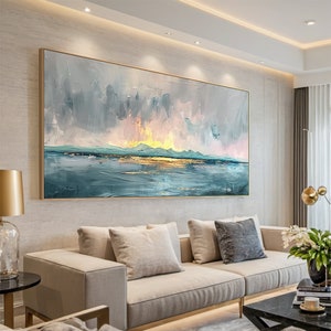Large sea canvas abstract oil painting, ocean nature painting, sea level sunrise landscape handmade painting, modern living room decoration