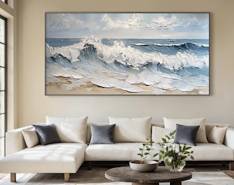May include: A painting of ocean waves crashing on a sandy beach. The painting is done in a textured style, with thick brushstrokes and a palette of blues, whites, and browns.