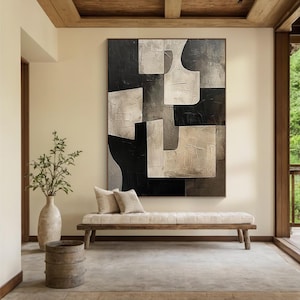 beige minimalist abstract art, black wabi-sabi wall painting, black and beige abstract painting, modern living room wall painting