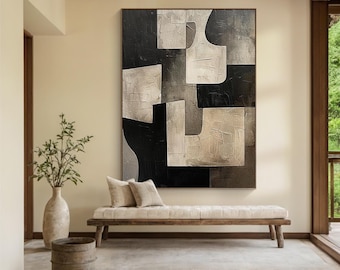 beige minimalist abstract art, black wabi-sabi wall painting, black and beige abstract painting, modern living room wall painting