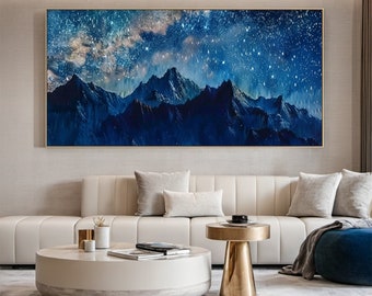 Blue Sky 写真作品 アート インテリア Mountain Starry Sky Painting, Large Blue Night Scene Canvas Oil