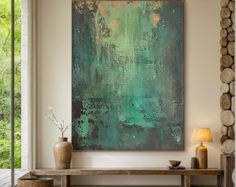 Pintura verde, arte de lienzo verde, pintura minimalista verde, arte de pared con textura verde, pintura abstracta verde grande, decoración de sala de estar