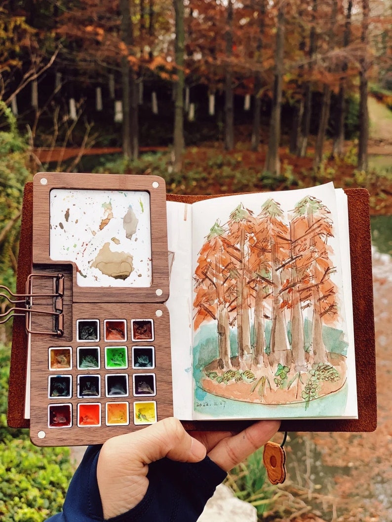 Walnut watercolor box Travel watercolor Go draw Watercolor palette Pocket watercolor box image 1