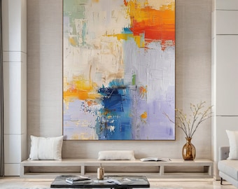 Cuadro abstracto naranja, arte de pared de oficina moderno, decoración de pared, cuadro original hecho a mano con acentos azules y morados.