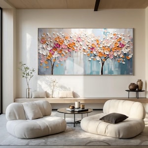 Kleurrijke levensboom landschap handgeschilderd olieverfschilderij, grote abstracte plant schilderij, moderne natuurlijke woonkamer decoratie schilderij
