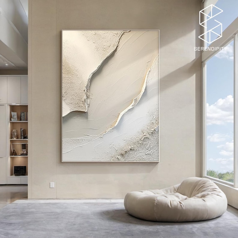 May include: Abstract wall art featuring a white and gold textured design with a modern minimalist style.