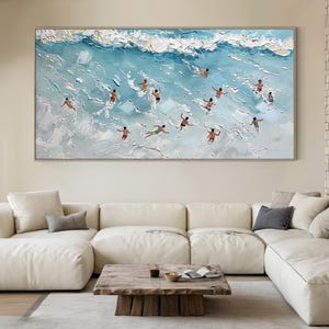 Blue ocean wall art, ocean swimming painting, multiple people swimming canvas painting, minimalist art, modern living room decor