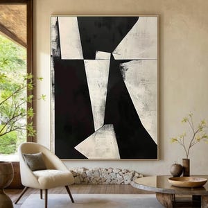 Black white canvas abstract art, large minimalist texture painting, modern abstract wall art, modern abstract art, living room decor