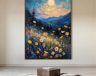 Färgglad blommig oljemålning på canvas, abstrakt blommig landskapsmålning, väggkonst med blommig textur, modern naturlig vardagsrumsinredning