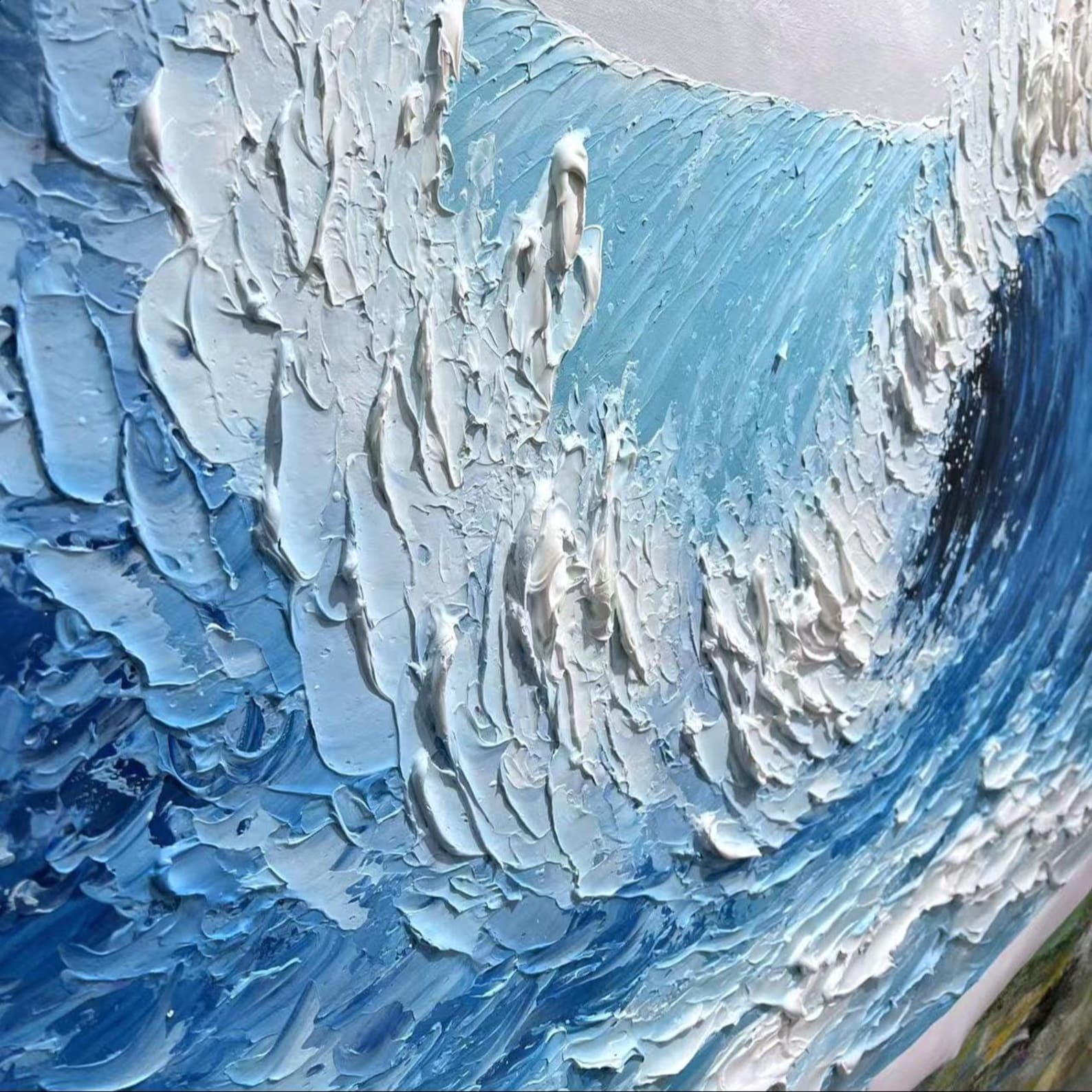 Blue Raging Ocean Waves Abstract Painting, White Texture Art, Blue ...
