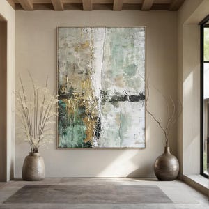 Original green abstract oil painting on canvas, large white minimalist wall art, gold black textured art, modern living room decor