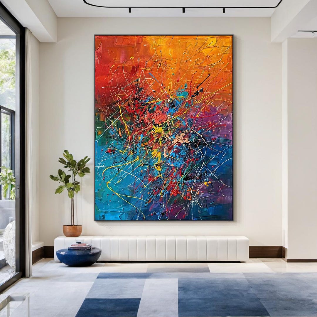 Colorful Abstract Oil Painting, Large Modern Canvas Wall Art for Living ...