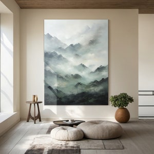 Large green abstract mountains oil painting on canvas, 3d textured mountains landscape painting, modern nature living room wall art