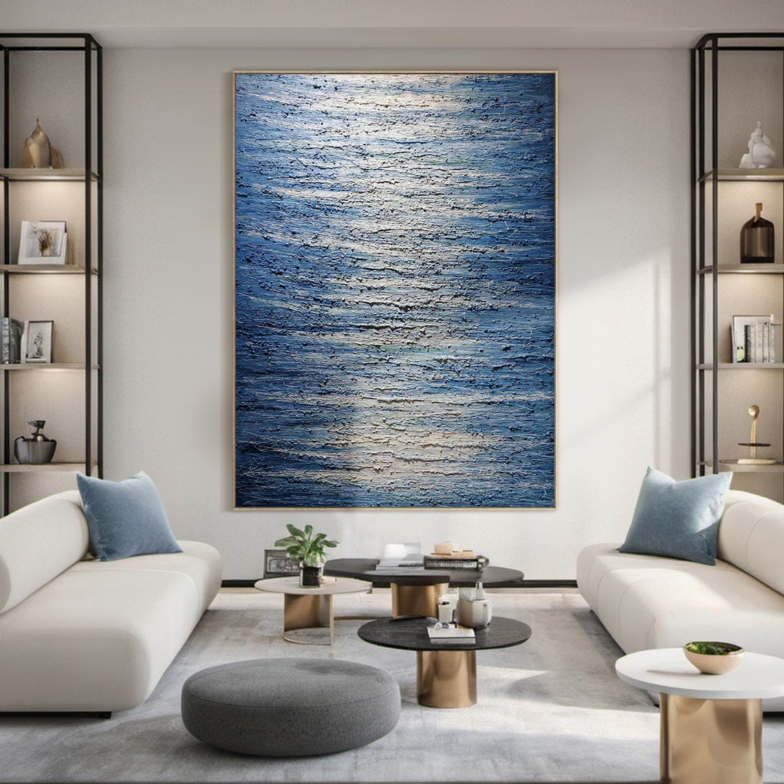 Large Blue Canvas Abstract Painting, Blue Wabisabi Style Wall Art