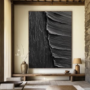 Pure black minimalist wabi-sabi wall painting art, large black abstract oil painting, original handmade painting, modern interior decoration