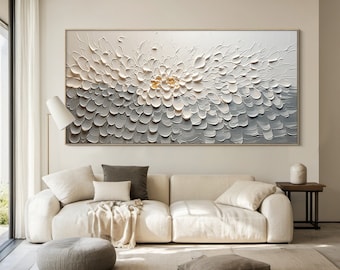 Large original gray canvas flower painting, textured wall art, modern abstract flower acrylic painting, neutral living room wall decoration