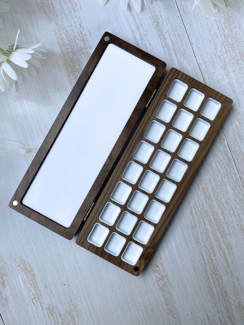 Walnut watercolor box Travel watercolor Go draw Watercolor palette Pocket watercolor box 24 Wells