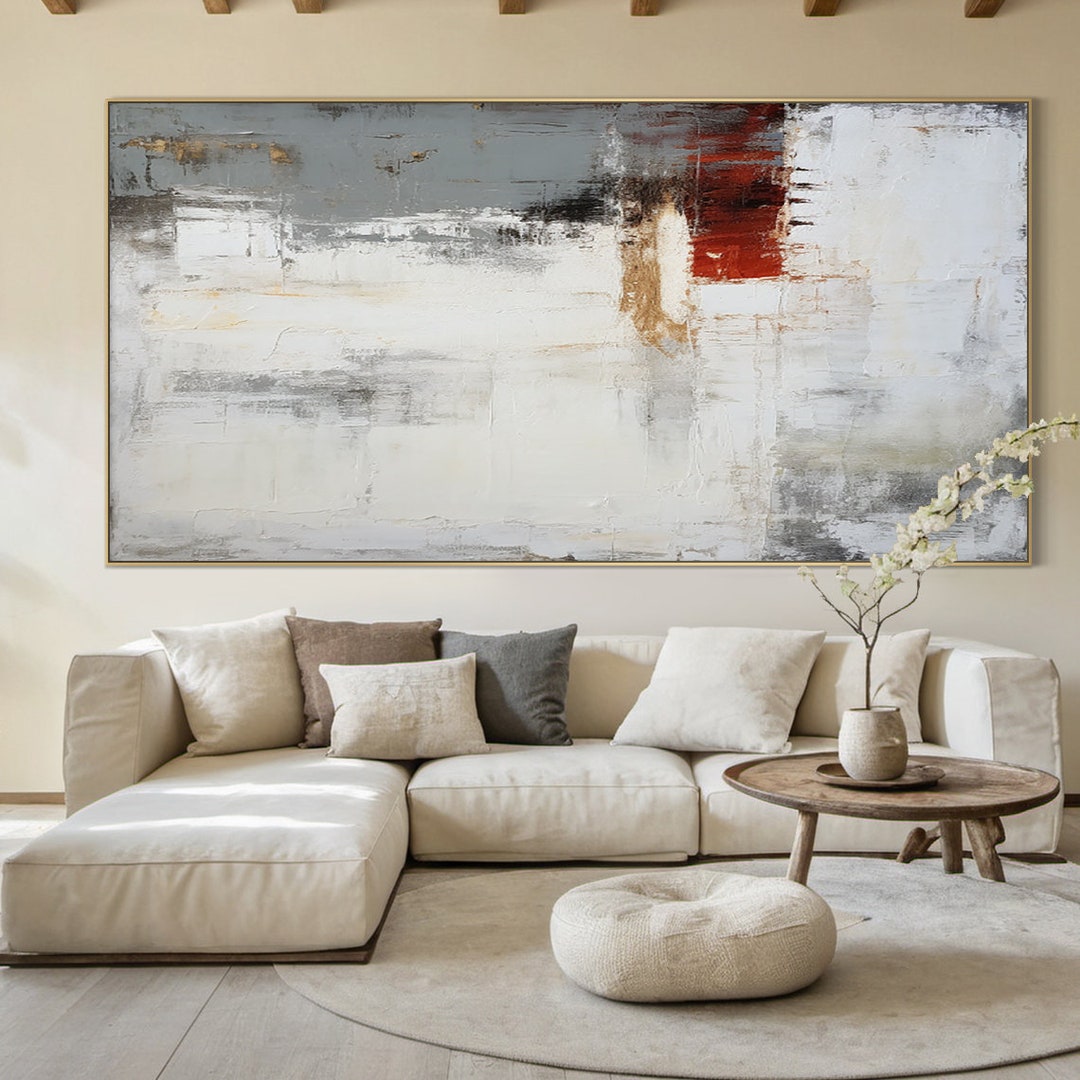 Large White and Grey Wall Art, White Abstract Art, Burgundy Textured ...
