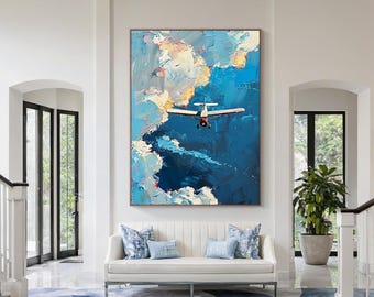 Modern Airplane Canvas Painting, Hand Painted Blue Abstract Sky, Wall Art for Living Room
