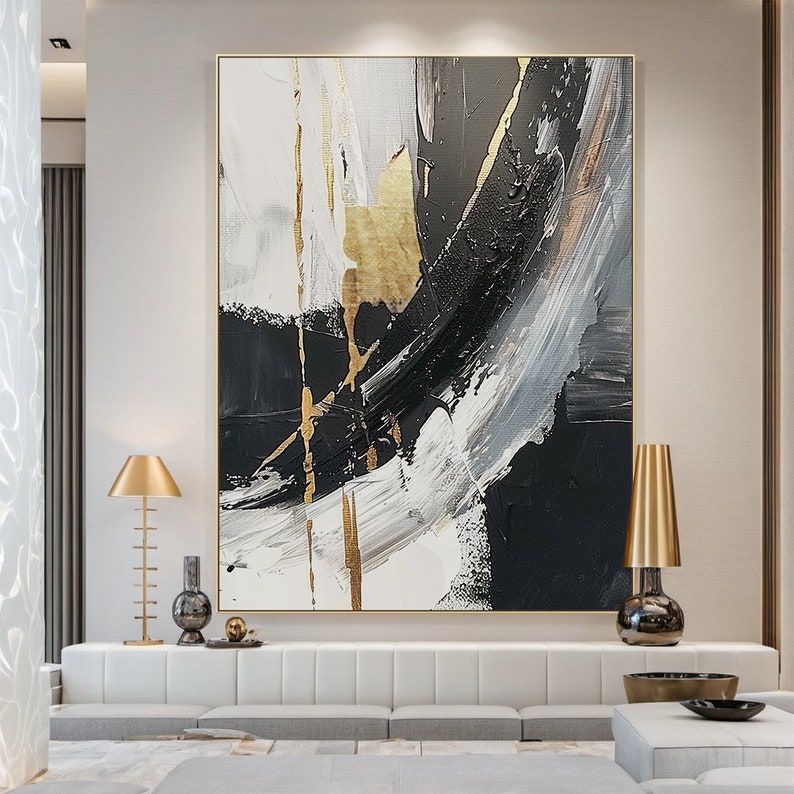 Black and White Abstract Oil Painting on Canvas, Modern Office Wall Art ...