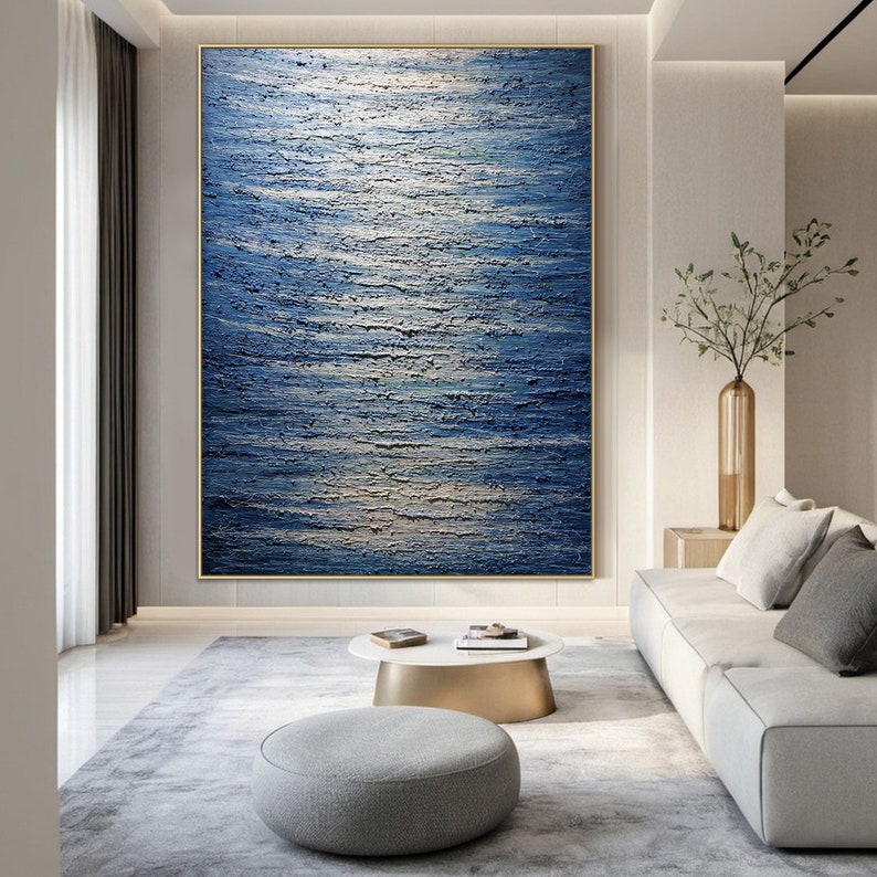 Large Blue Canvas Abstract Painting, Blue Wabisabi Style Wall Art