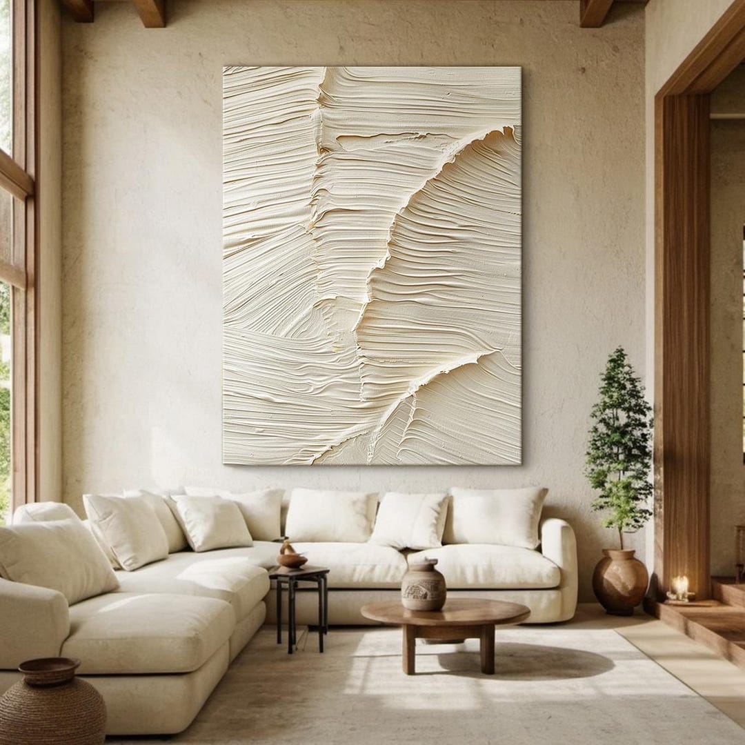 Large Beige Canvas Abstract Painting, Beige Wabi-sabi Minimalist Wall ...