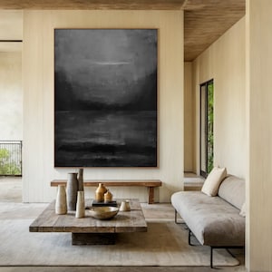 Black canvas art, black minimalist texture painting, grey wabi-sabi wall art, large black abstract painting, dark living room decor