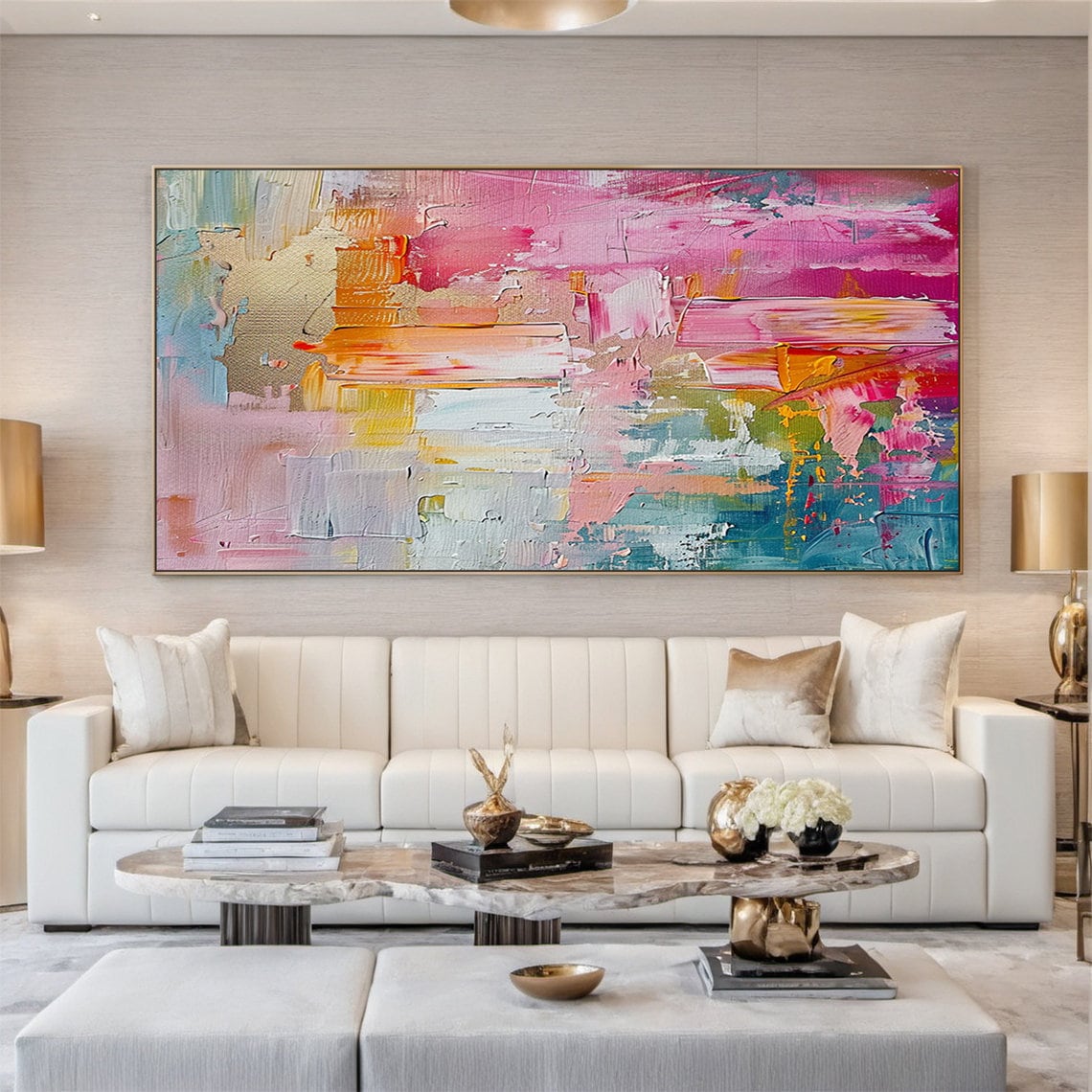 Large pink abstract oil painting, colorful handmade painting, modern office art, living room wall decoration