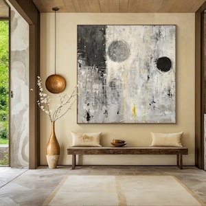 Mural texturizado en gris y blanco, arte decorativo de pintura de pared wabi-sabi en negro y gris, decoración de arte de pared abstracto de gran tamaño, decoración de sala de estar moderna