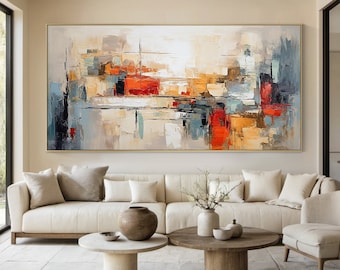 Large grey and white canvas abstract painting, brown minimalist wall art, orange textured hand painting, modern home decor