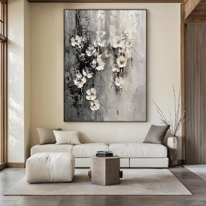 Large canvas white flower painting, black textured simple wall painting, modern abstract flower acrylic painting, living room decoration