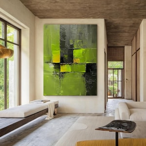 Green minimalist abstract art, green wabi-sabi wall painting, black and green abstract painting, modern living room wall painting