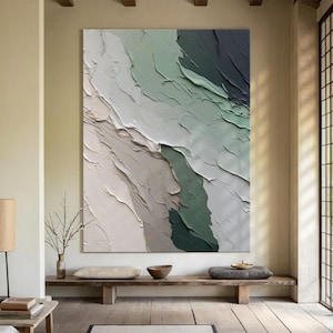 Art mural abstrait texturé noir et gris, peinture minimaliste verte et beige, aménagement paysager moderne, décoration de salon élégante