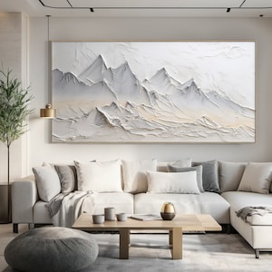 Large White Abstract Mountains Oil Painting, Grey 3D Texture Mountains Landscape Painting, Modern Nature Living Room Wall Art