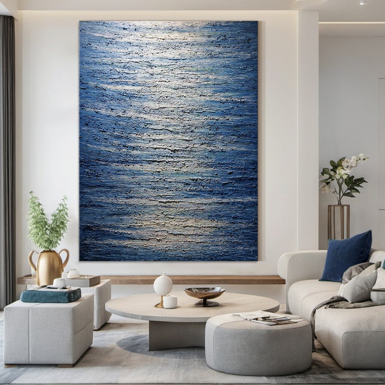 Large Blue Canvas Abstract Painting, Blue Wabisabi Style Wall Art