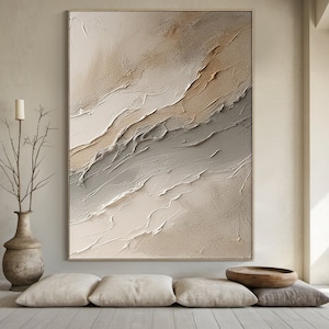 May include: Abstract painting with a textured, layered design in shades of beige, brown, and white. The painting has a modern and minimalist aesthetic.