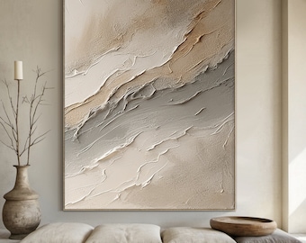 May include: Abstract painting with a textured, layered design in shades of beige, brown, and white. The painting has a modern and minimalist aesthetic.