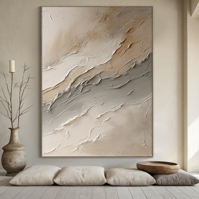 May include: Abstract painting with a textured, layered design in shades of beige, brown, and white. The painting has a modern and minimalist aesthetic.