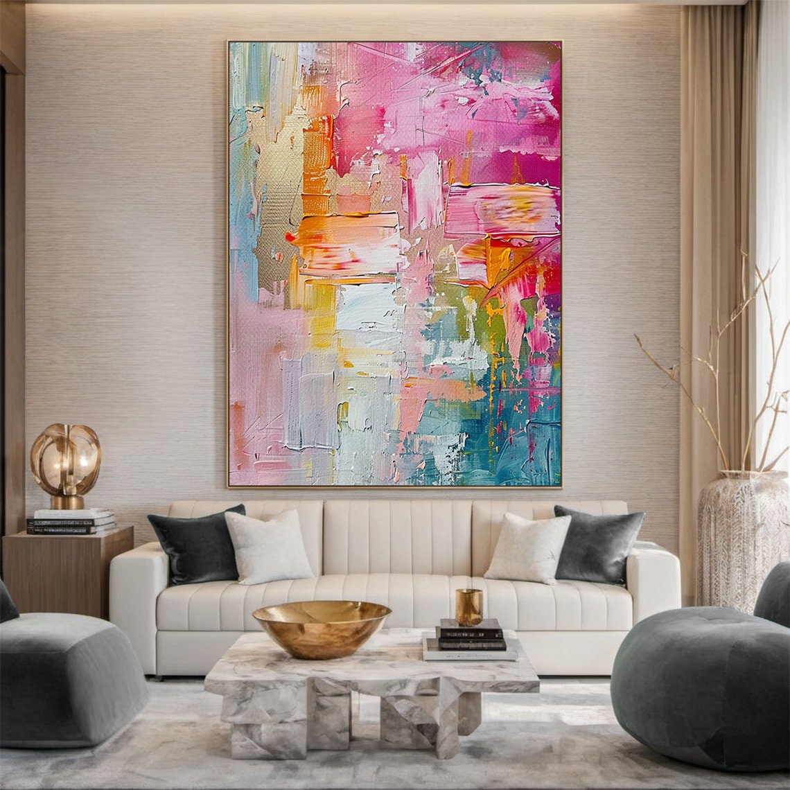 Large pink abstract oil painting, colorful handmade painting, modern office art, living room wall decoration