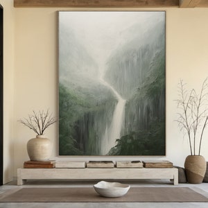 Grande peinture à l'huile verte abstraite de montagnes, peinture de paysage de cascade de montagnes texturée 3D, art mural de salon nature moderne