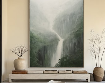 大きな滝の抽象画 手作りの山の風景画 緑の質感の抽象画 渓流の風景画