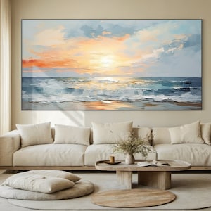 Original blue ocean wave oil painting, sunset waves ocean landscape abstract painting, blue texture wall painting, modern natural home decor