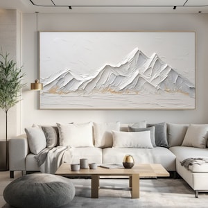 Large grey and white abstract mountains oil painting, 3D textured mountain landscape handmade painting, modern natural living room art