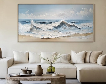May include: A large abstract painting of ocean waves crashing on a sandy beach. The painting is done in shades of blue, white, and brown, and has a textured surface.