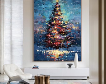 Christmas Tree Painting on Canvas, Colorful Abstract Holiday Wall Art, Modern Textured Artwork for Home