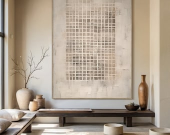Large original plaid abstract texture painting, wabi-sabi art, custom shades on canvas, neutral stylish living room decor